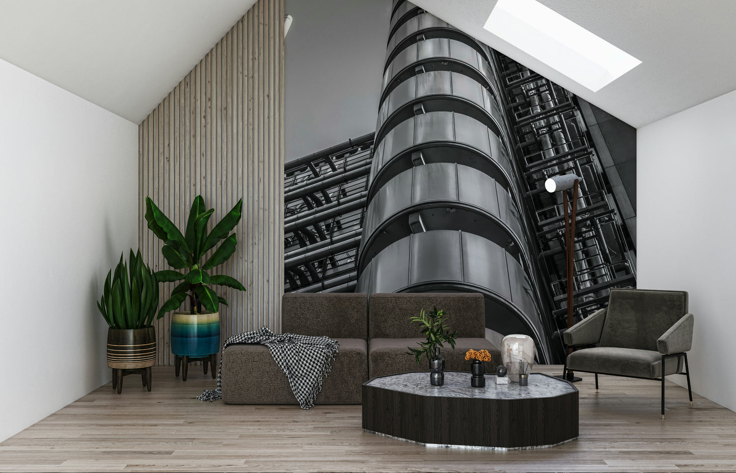  Building Futuristic design wall mural, numerous ducts and vents ascend toward bright sky background.