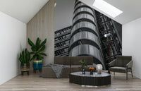  Building Futuristic design wall mural, numerous ducts and vents ascend toward bright sky background.