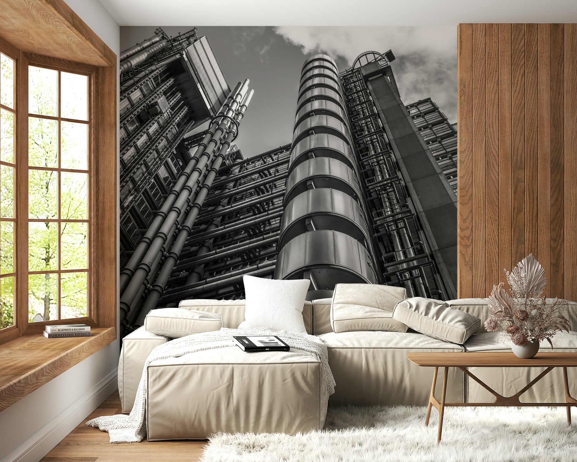 Upward view wall mural of iconic architecture, complex steel skeleton, fascinating geometry.