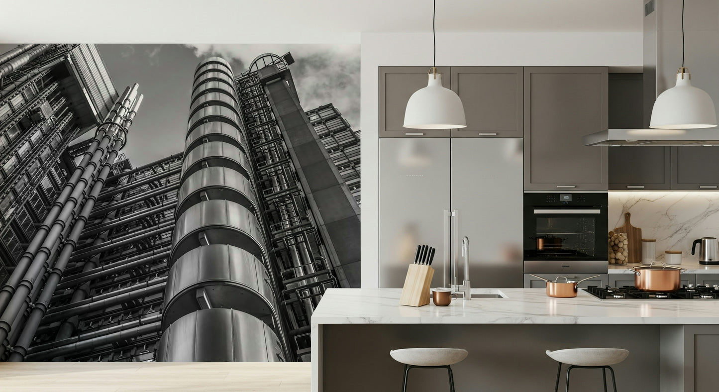 Lloyds building wallcovering, contrasting shadows emphasize tubes and vertical elements.