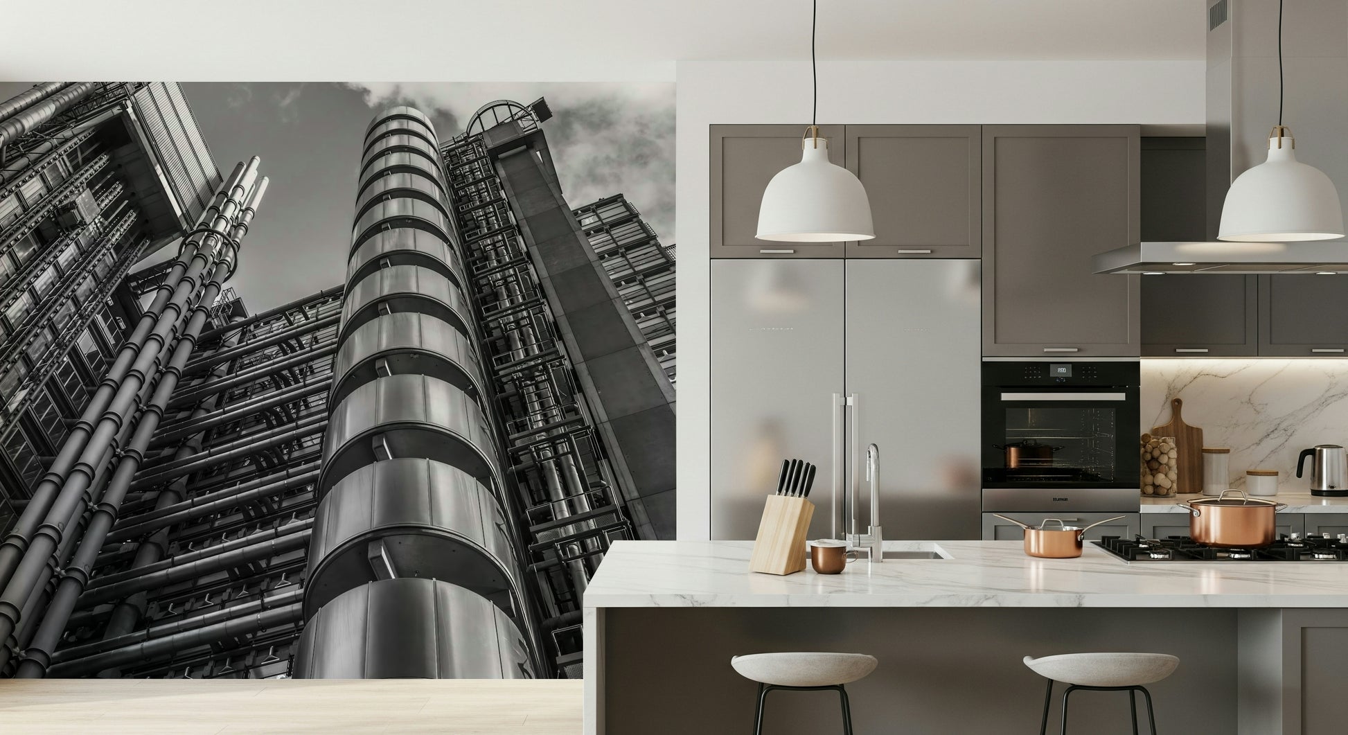 Lloyds building wallcovering, contrasting shadows emphasize tubes and vertical elements.