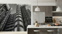 Lloyds building wallcovering, contrasting shadows emphasize tubes and vertical elements.