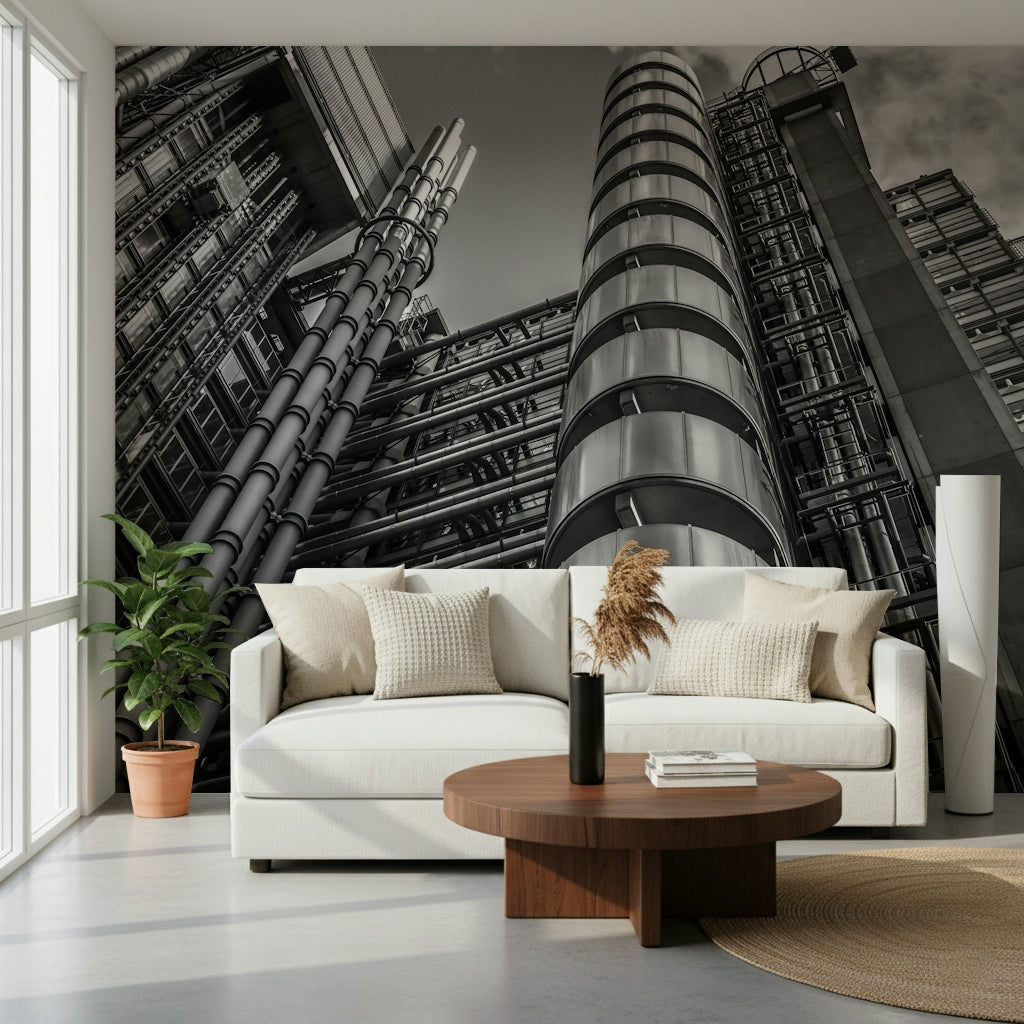 Lloyds building mural, artistic black and white image captures building's innovative shell.