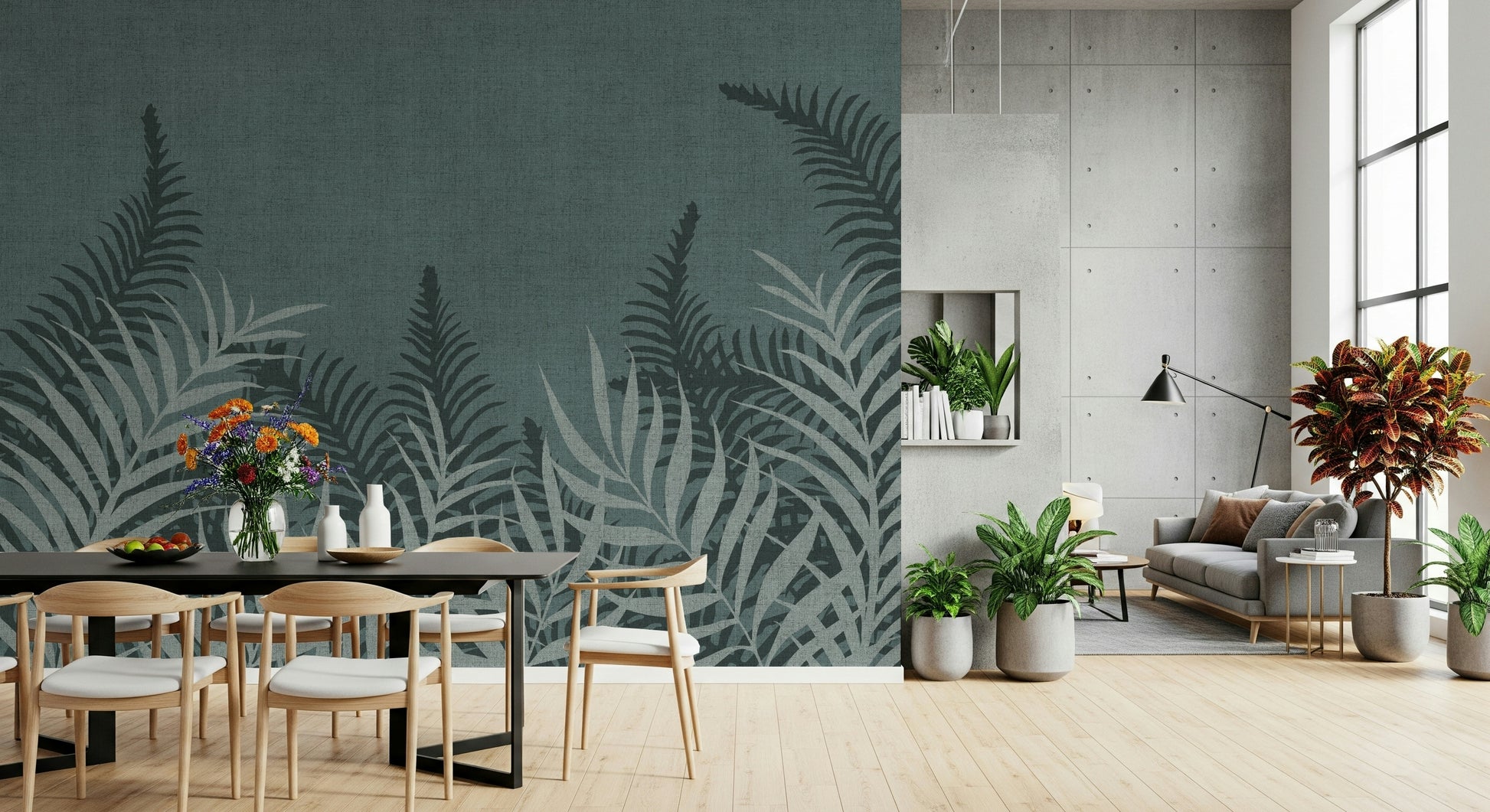 Into The Jungle botanical wallpaper, peaceful monochromatic nature inspired print.