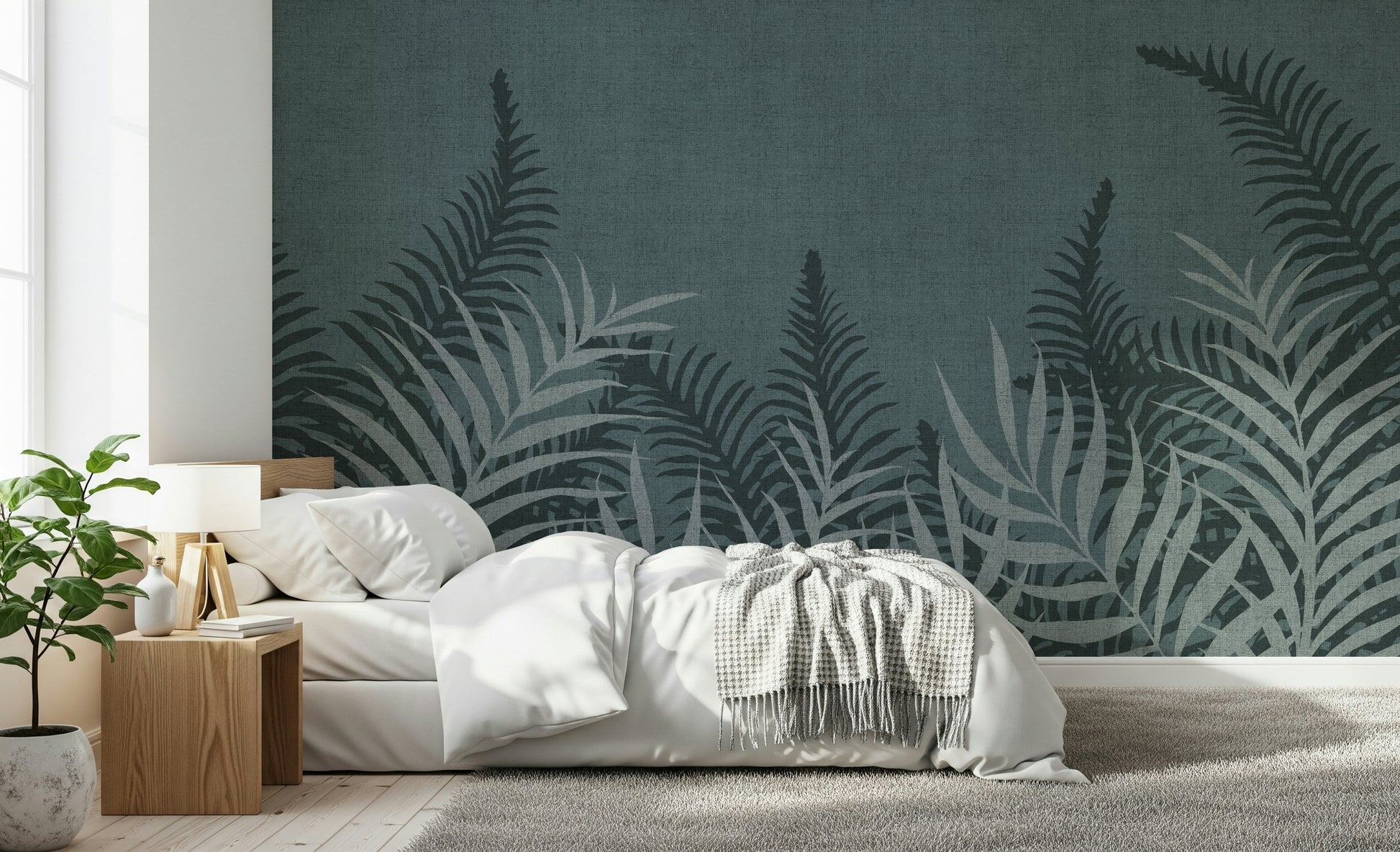 The Jungle Fog wall mural featuring elegant teal and sage botanical pattern.
