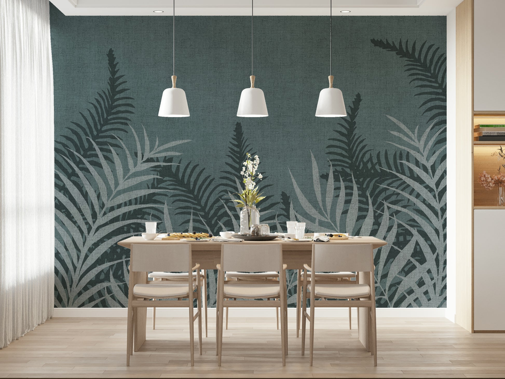 Sophisticated jungle pattern wall mural, textile finish, tranquil leaf motif.
