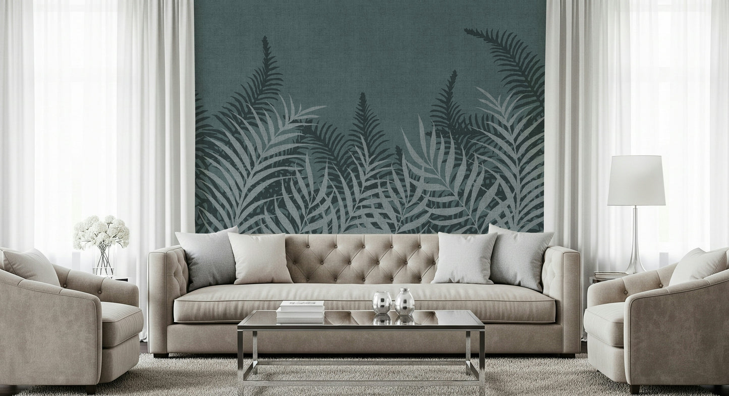 The Jungle Fog wallpaper for walls, layered palms, mysterious and beautiful artwork.
