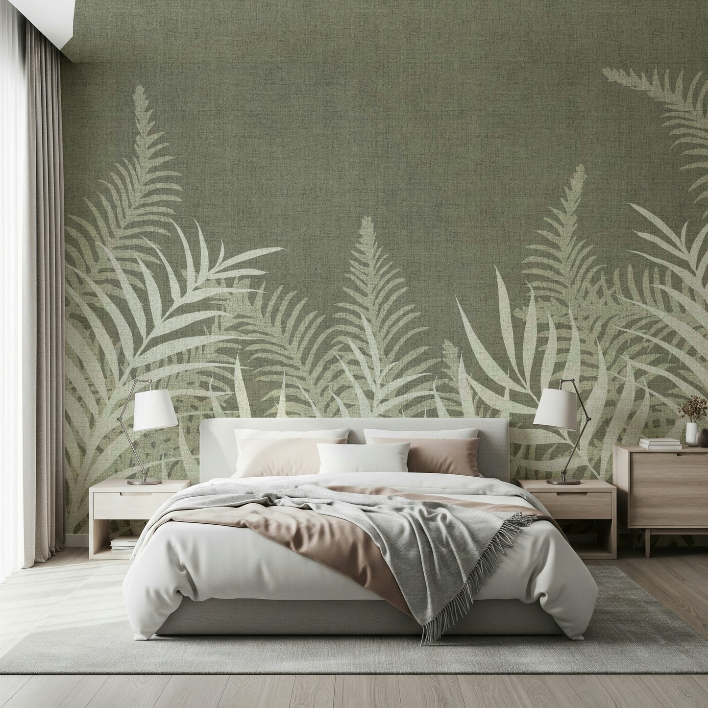 Artistic fern motif wall mural, serene indoor garden atmosphere.
