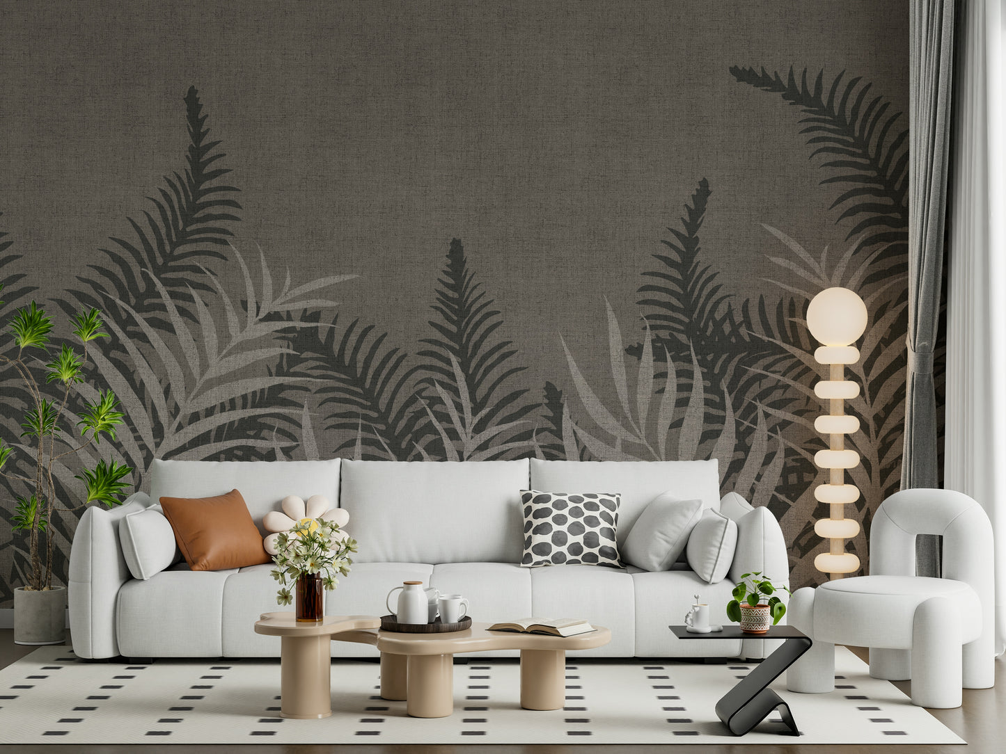 Nature-inspired mural wallpaper for walls, Taupe jungle fronds, stylish.