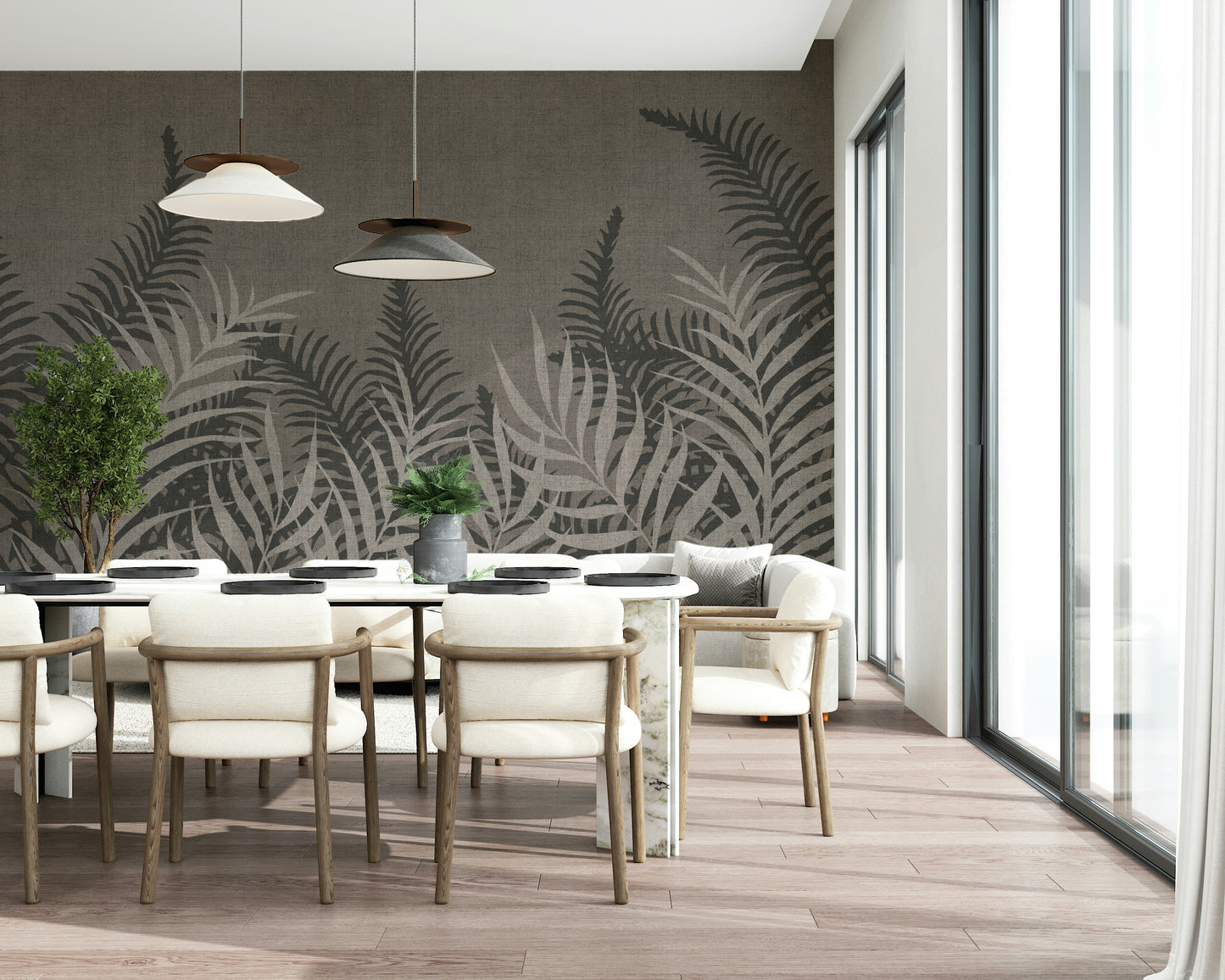 Monochrome Taupe wall mural, overlapping palms, serene backdrop.