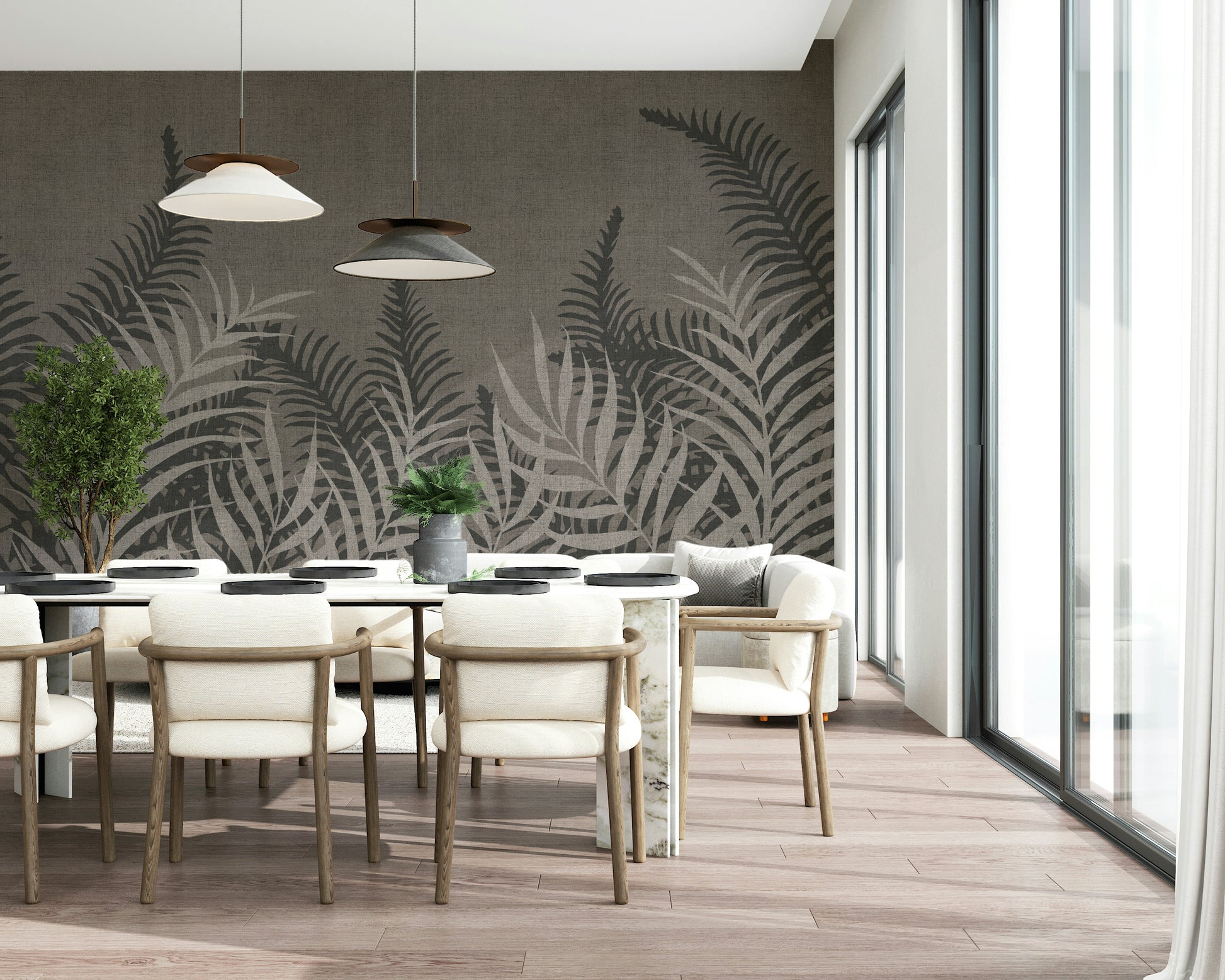 Monochrome Taupe wall mural, overlapping palms, serene backdrop.