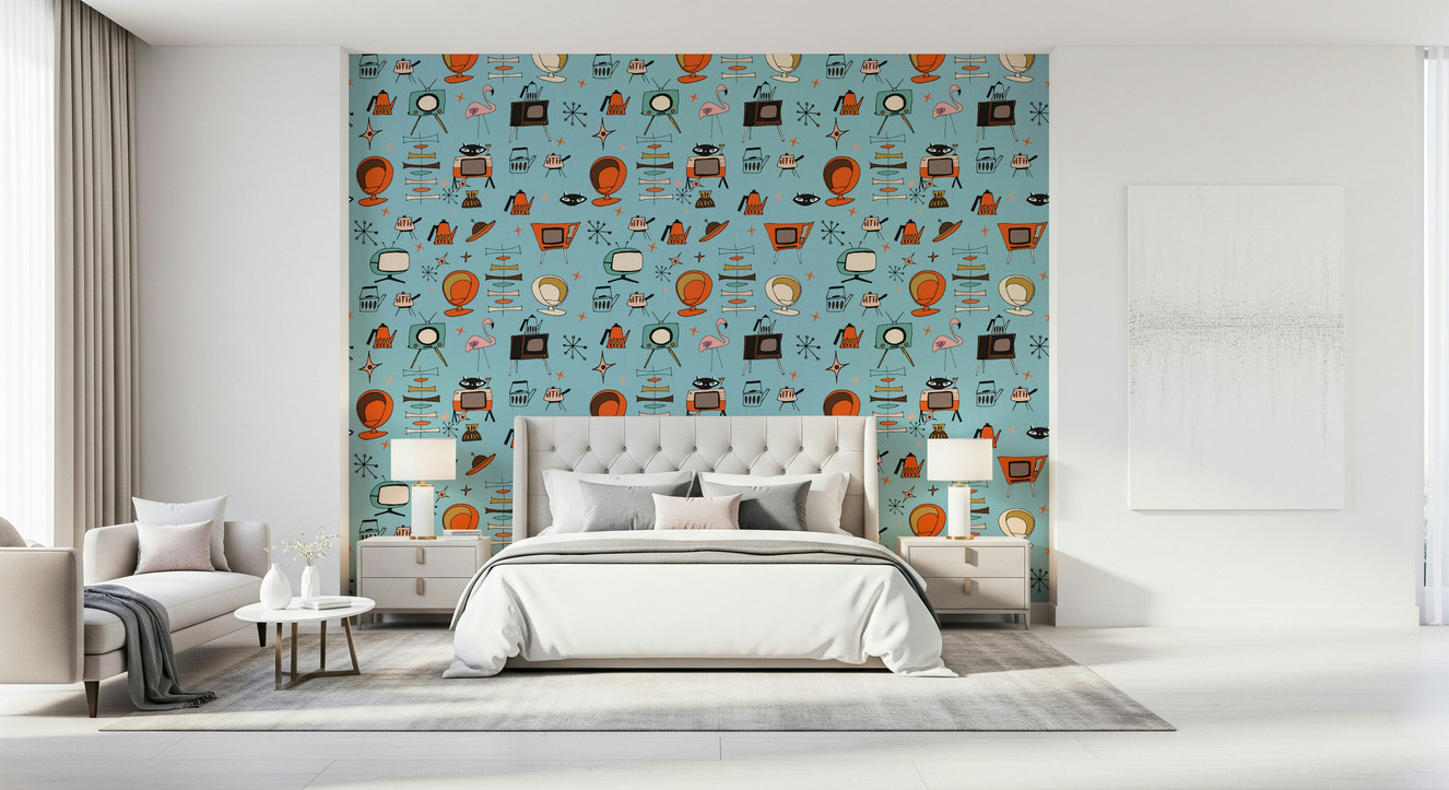 Atomic Retro Wallpaper, Sky Blue Hue, Mid-Century Pattern.