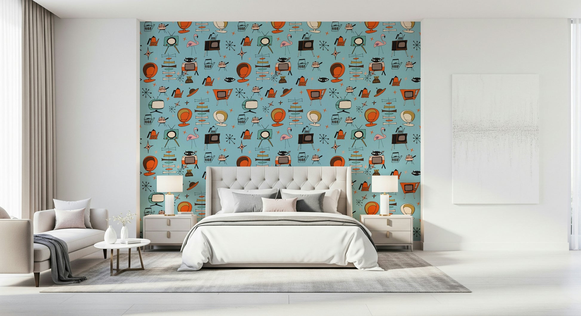 Atomic Retro Wallpaper, Sky Blue Hue, Mid-Century Pattern.