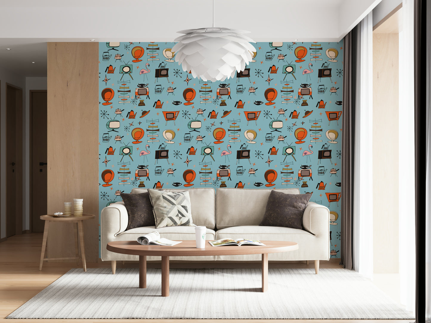 Cartoon Mid-Mod Decor, Living Kitsch Blue Design Wall Mural.