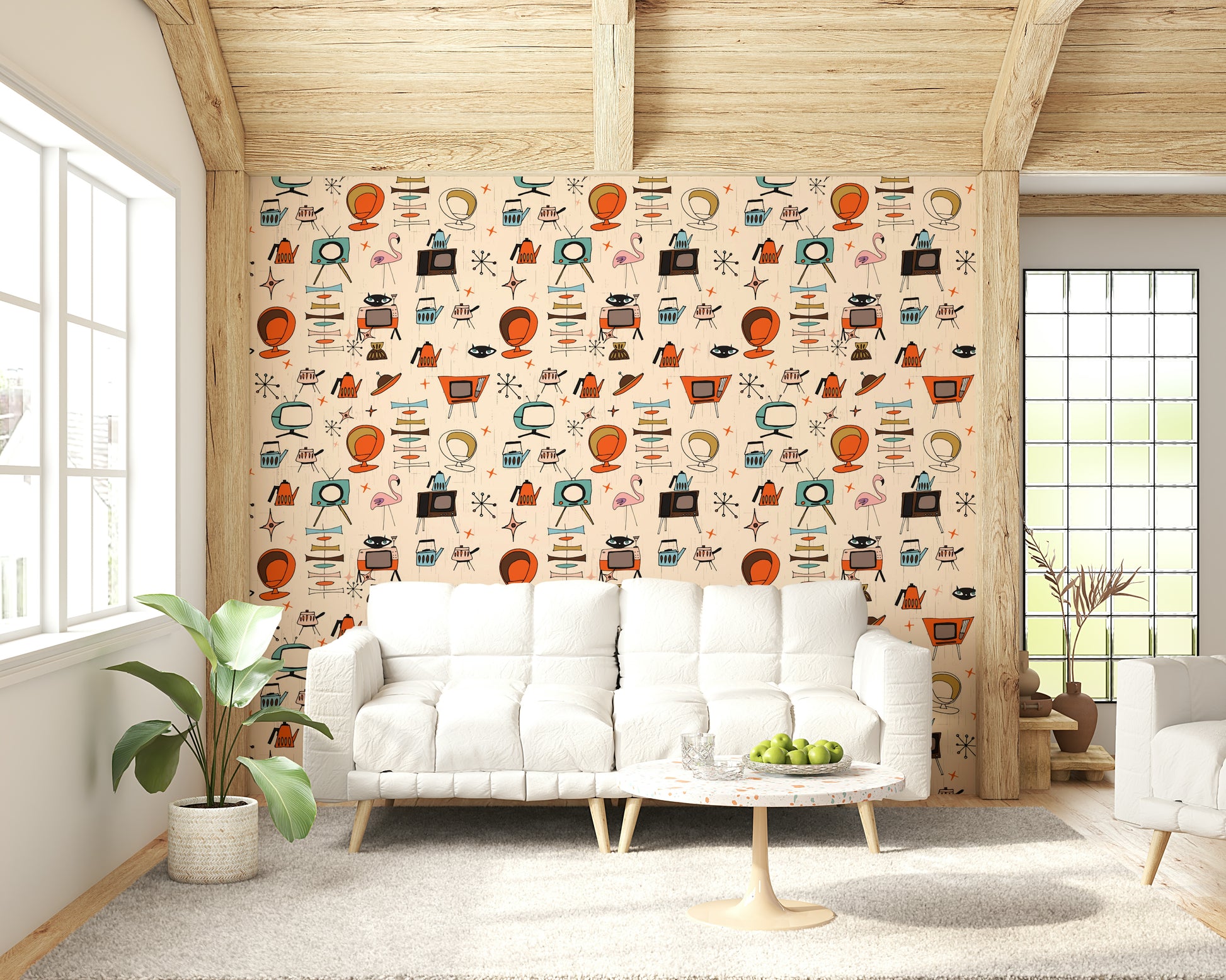 Teal TV Sets, Living Kitsch Beige Patterned Wall Mural Backdrop.