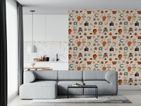 Whimsical Living Kitsch Beige Wall Mural, Retro Pop Culture Icons.