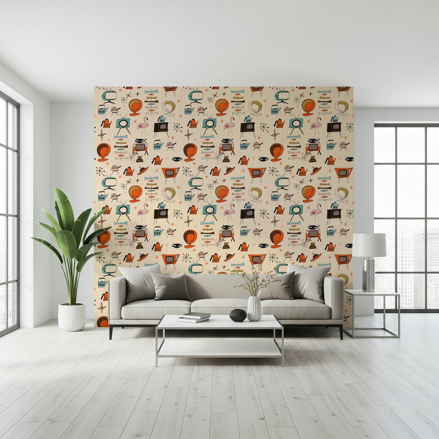 Cartoonish Wallpaper for Walls, Atomic Retro Motifs, Beige Ground.