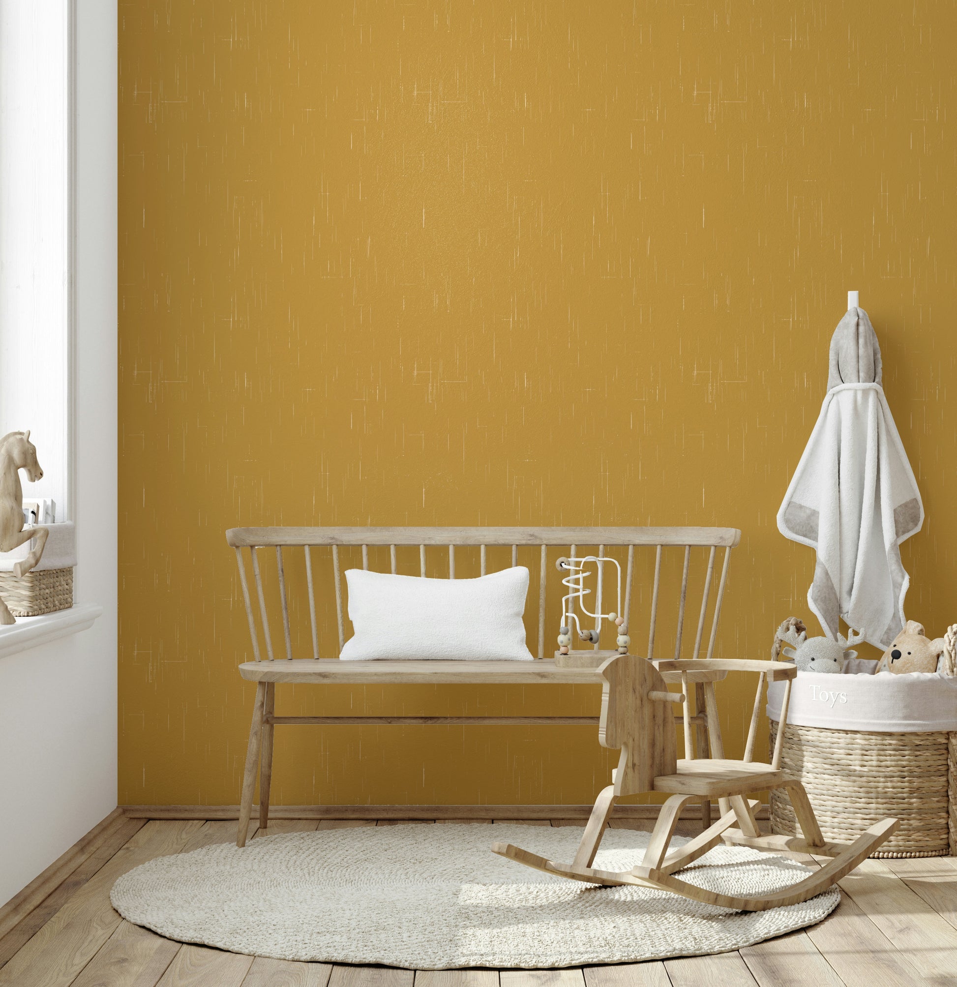 Contemporary textured wallcovering with a distressed retro mustard finish.