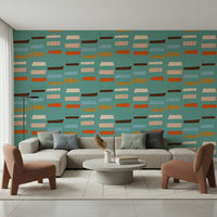 Mid Mod Stacked Blocks Blue wallpaper; abstract artwork in cool retro colors.