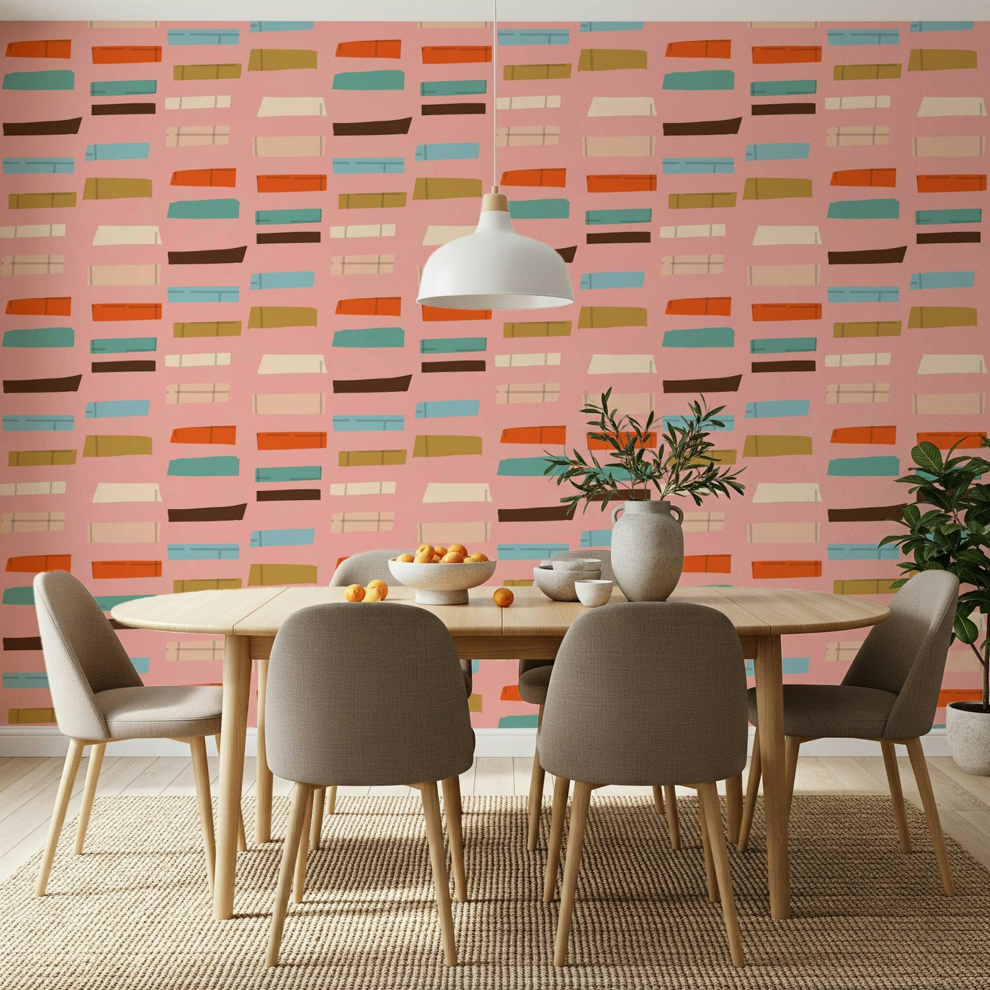 Mid Mod Stacked Blocks Pink wallpaper; abstract geometric shapes pattern.