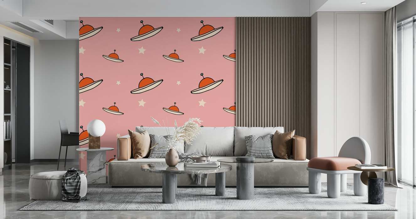 Kids Minimal Vintage UFO Pink wallpaper featuring cute flying saucers stars.