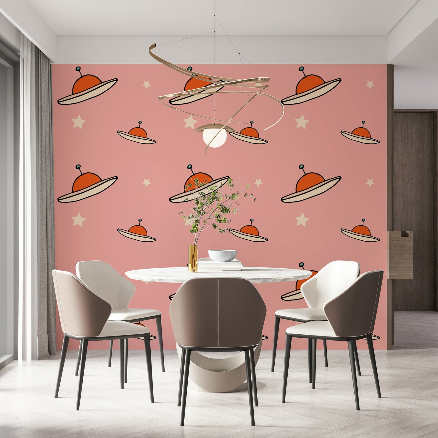 Playful Kids Minimal Vintage UFO Pink wall mural, perfect for young adventurers.