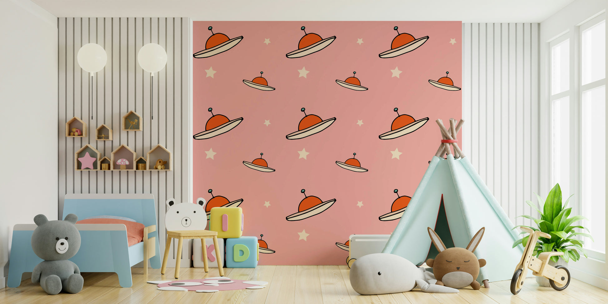 Accent Kids Minimal Vintage UFO Pink wallpaper, great playful accent wall.