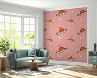 Cosmic Kids Minimal Vintage UFO Pink mural, simple illustrations, playful style.