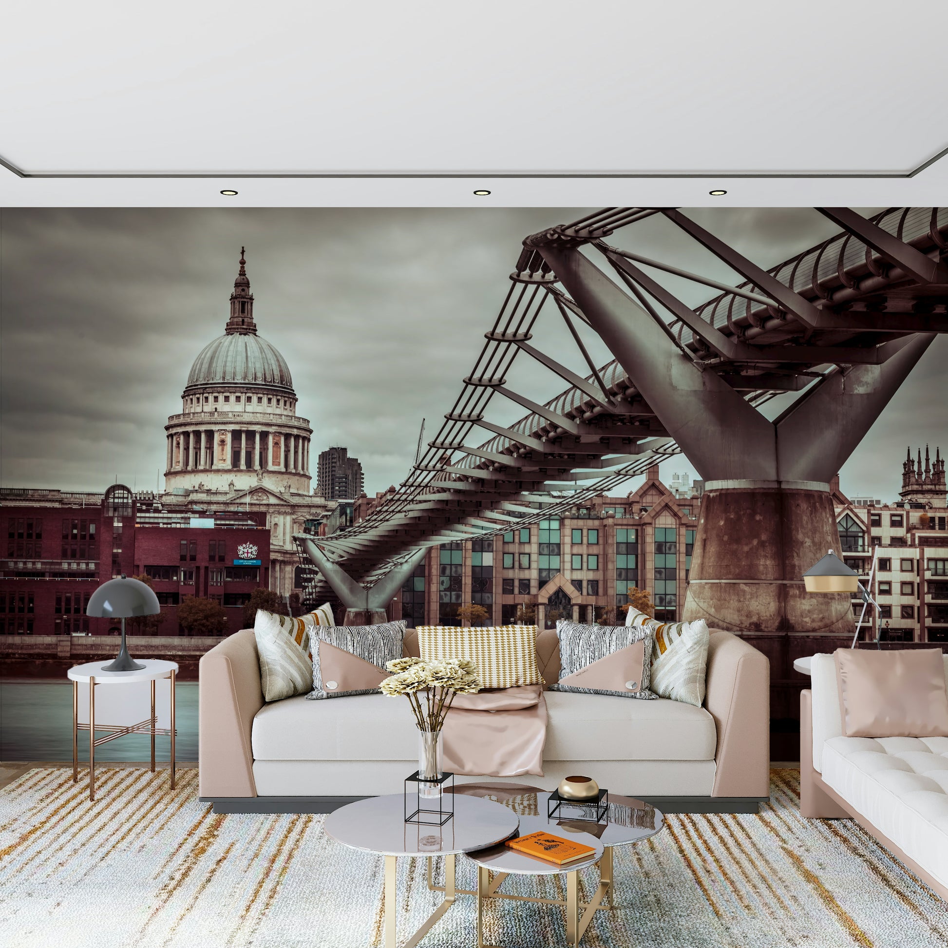 Sepia-toned London Millennial Bridge Vista photograph, moody city atmosphere.