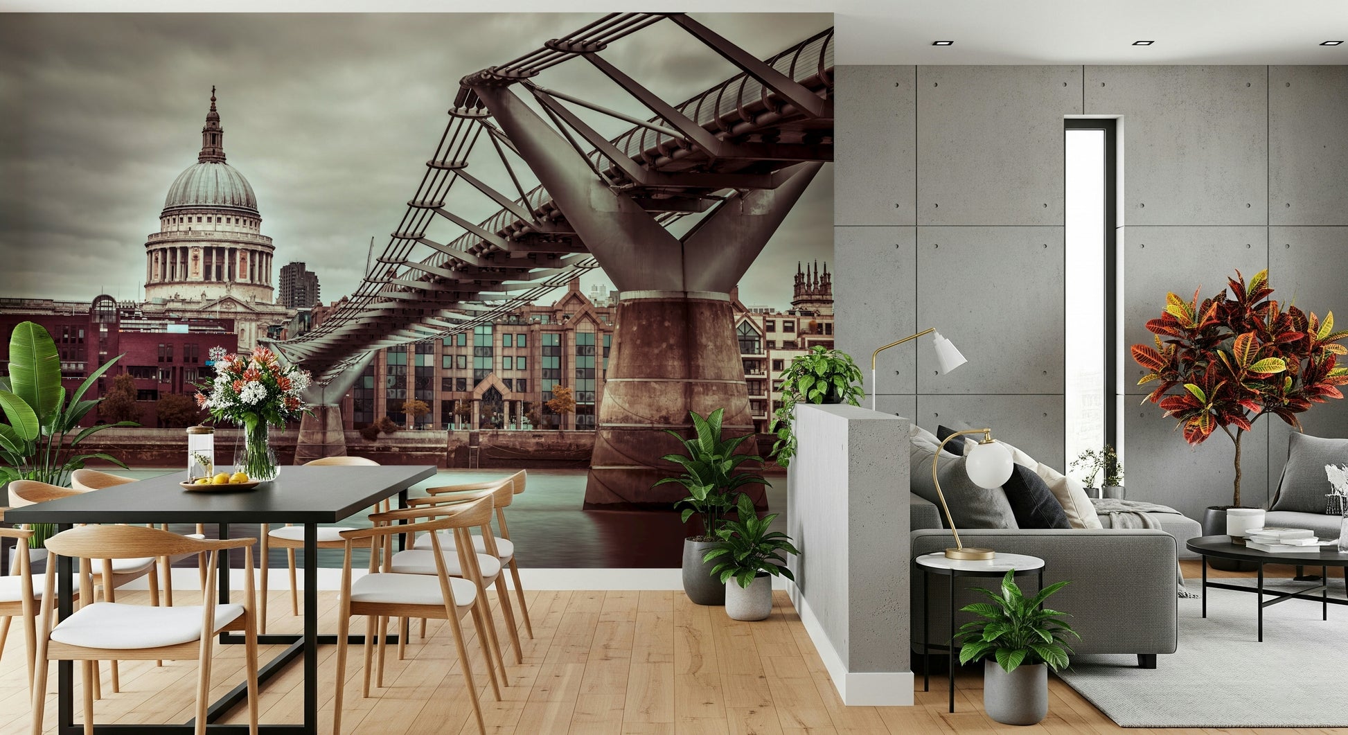 Dark, dramatic wall mural featuring massive steel pedestrian bridge supports.