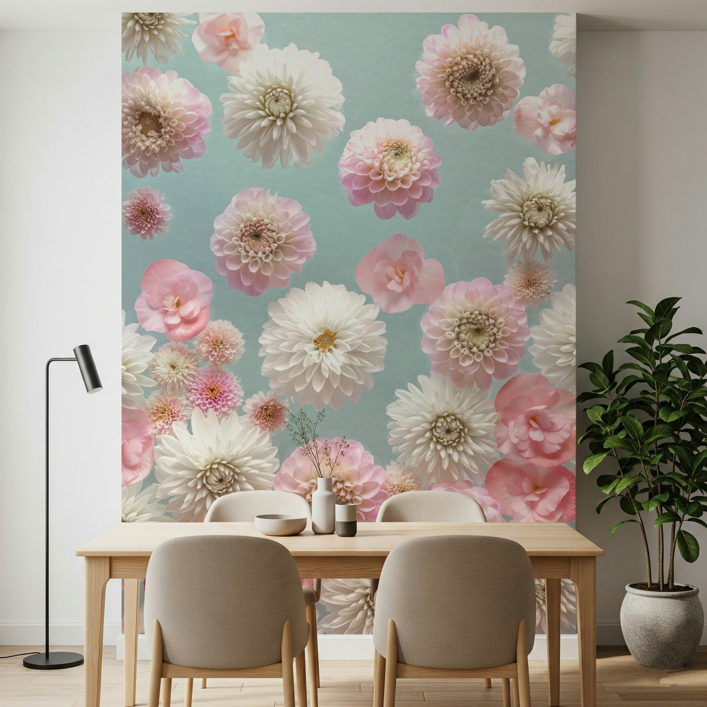 Exquisite wallpaper featuring detailed dahlia flowers in gentle pink tones.