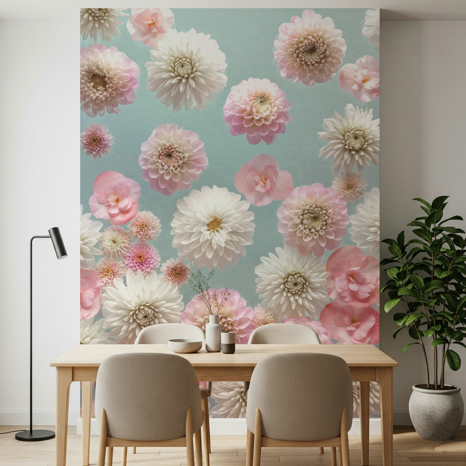 Exquisite wallpaper featuring detailed dahlia flowers in gentle pink tones.