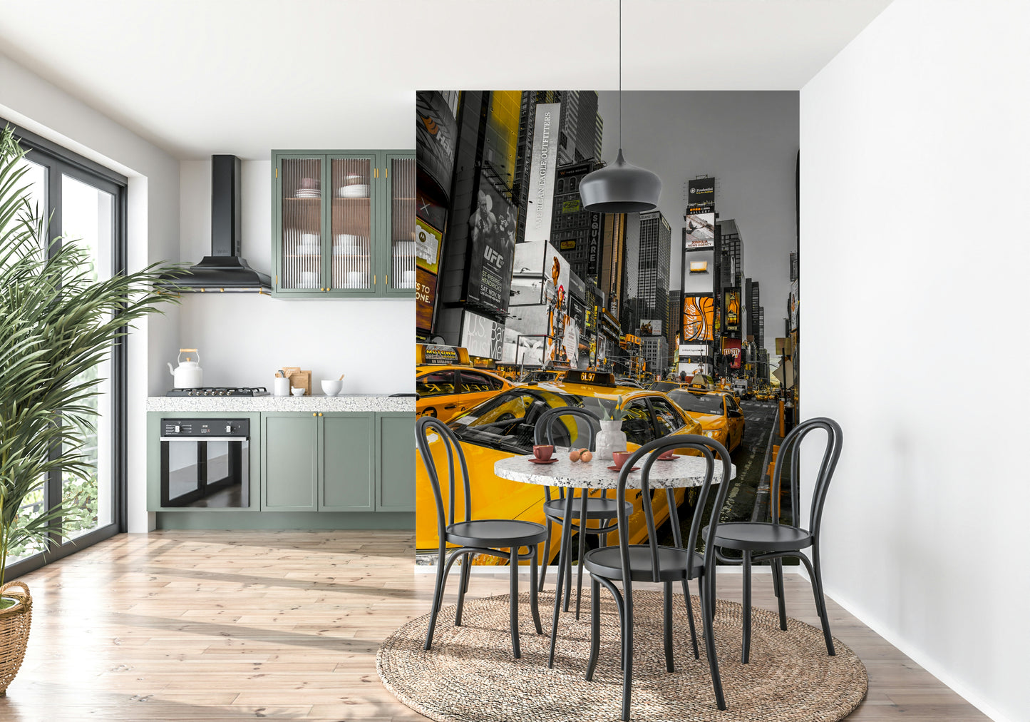 Striking gold-accented NYC cabs image; perfect statement piece wallpaper.