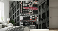 Street style building façade, red car painting, dramatic NYC wall mural.