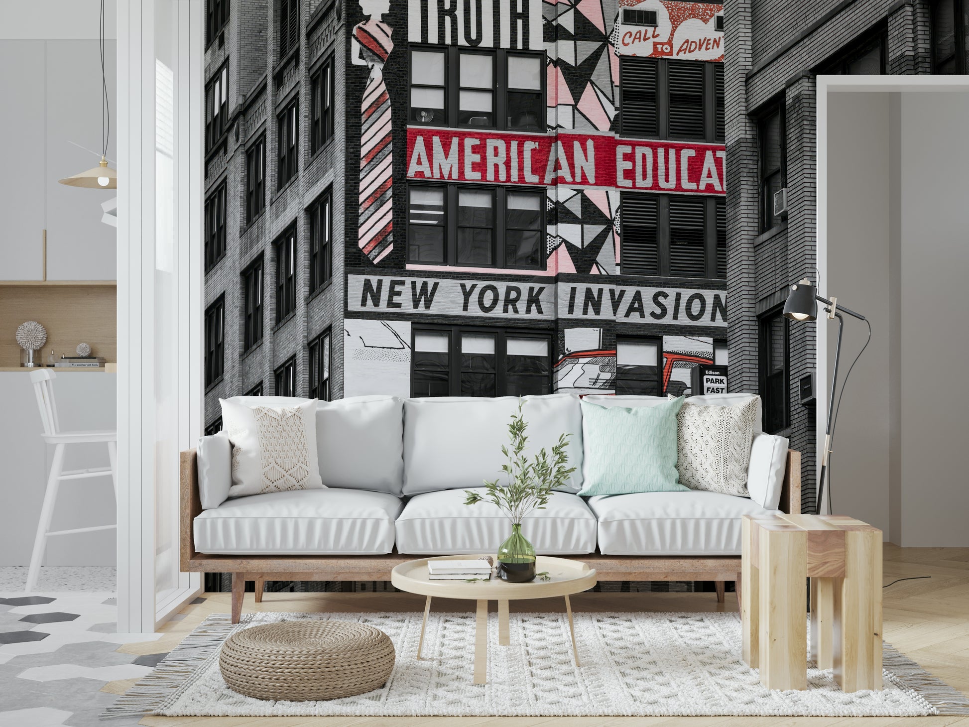 New York building façade with bold text art, striking wall mural concept.