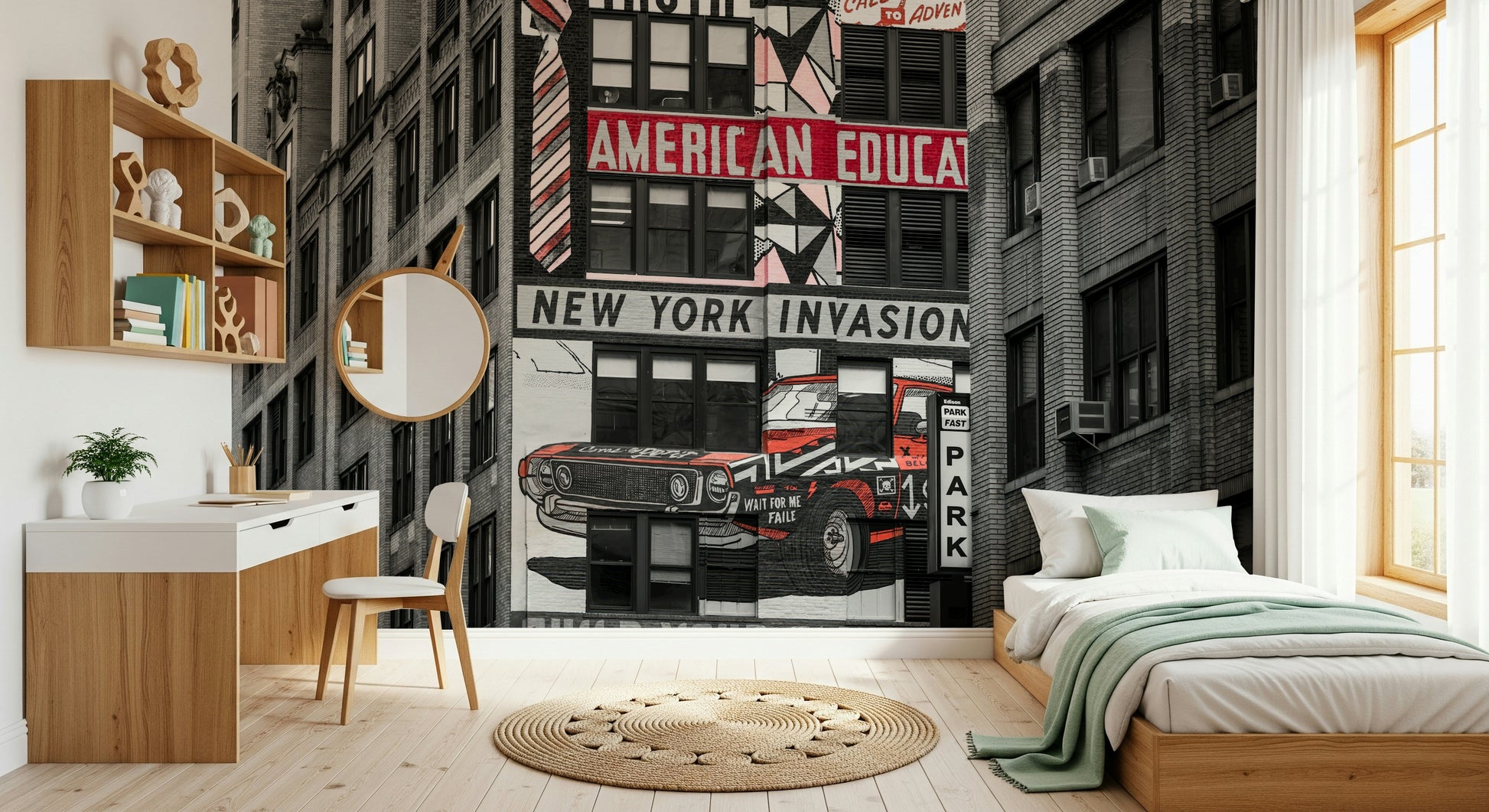 Graffiti-inspired design featuring an old car and phrases, creative Retro City Murals.
