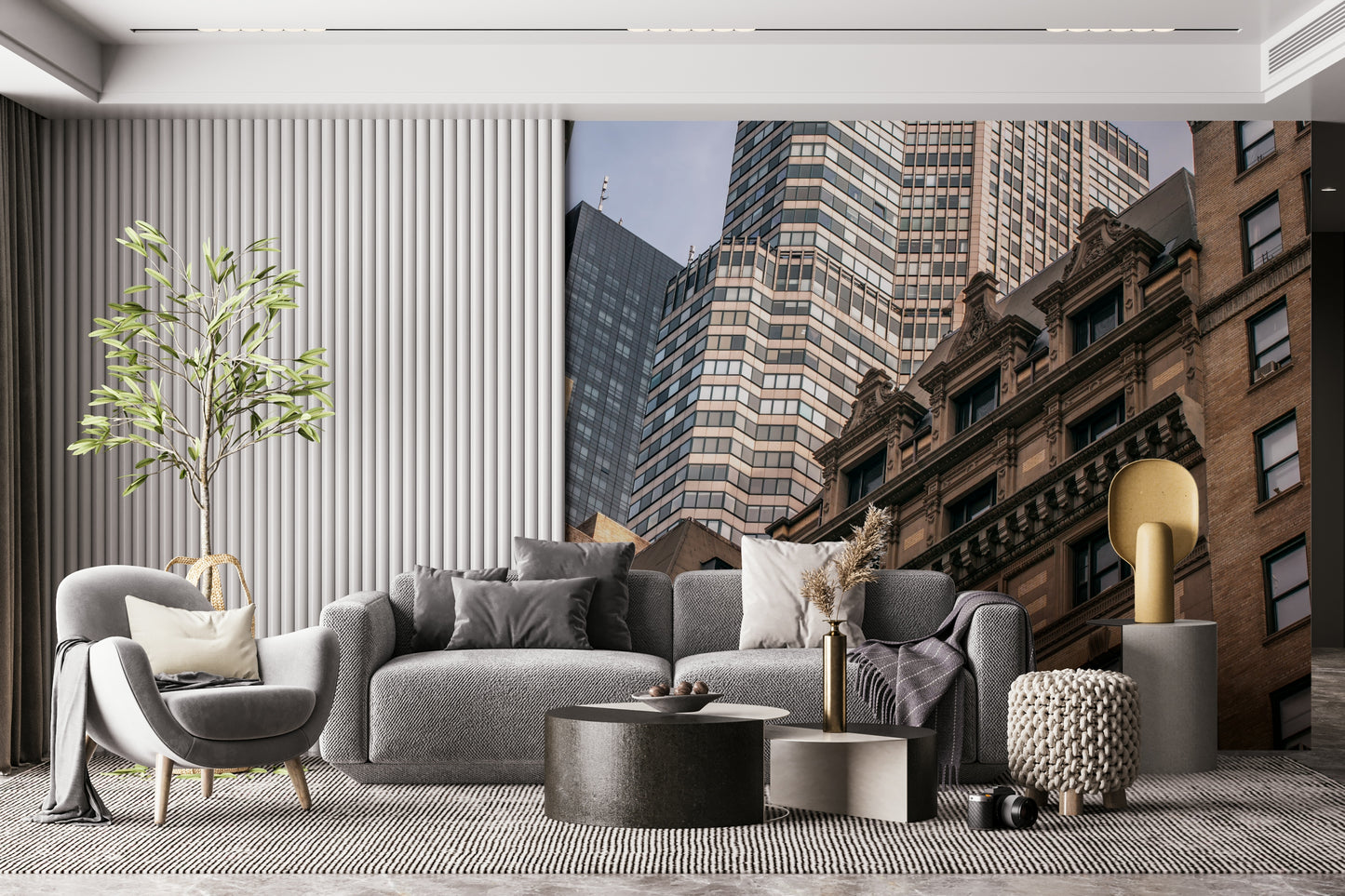 Unique angle Skyscrapers in NYC print, blend of old ornate and sleek towers.