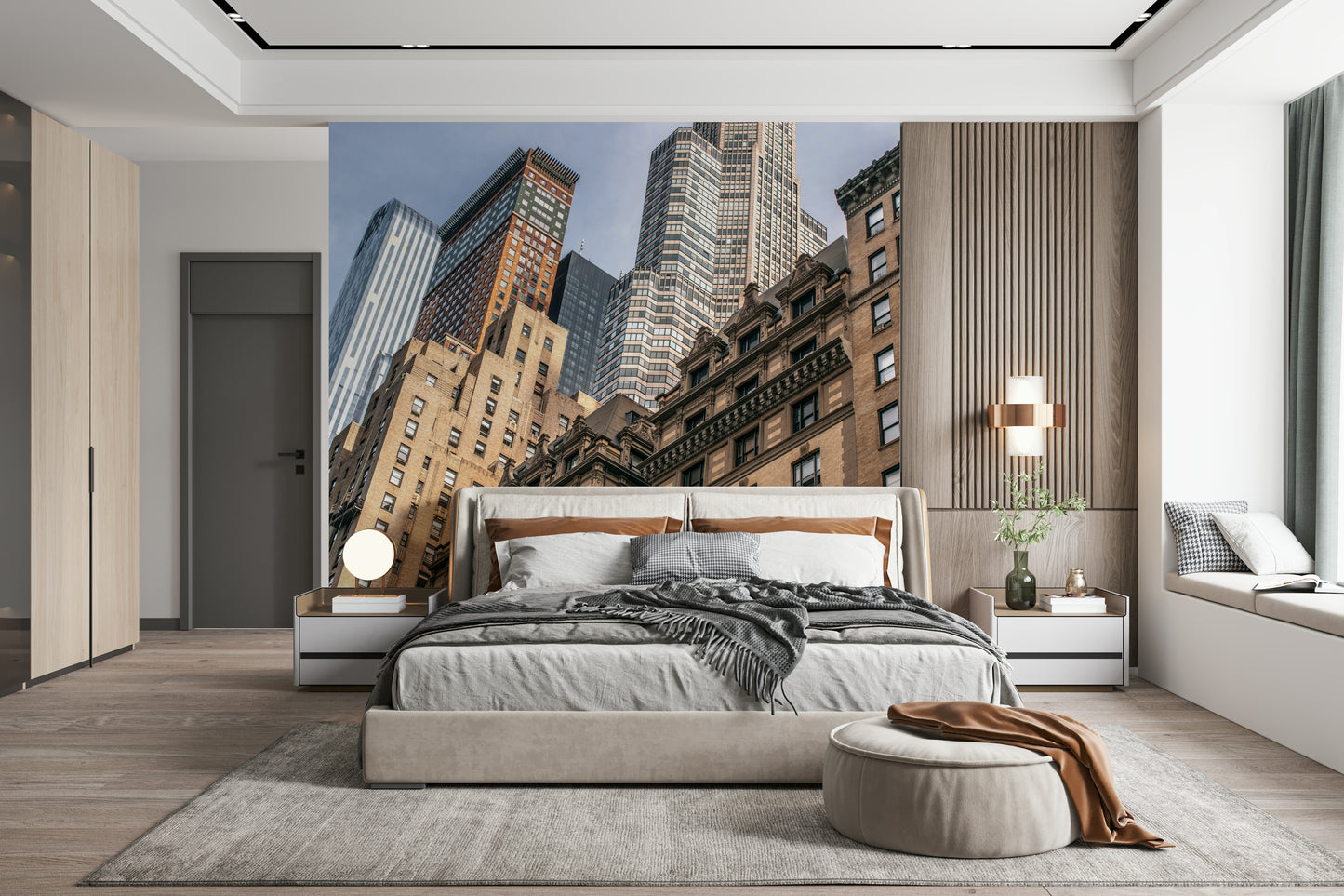 Layered Skyscrapers view, complex roofing lines, classic New York atmosphere.