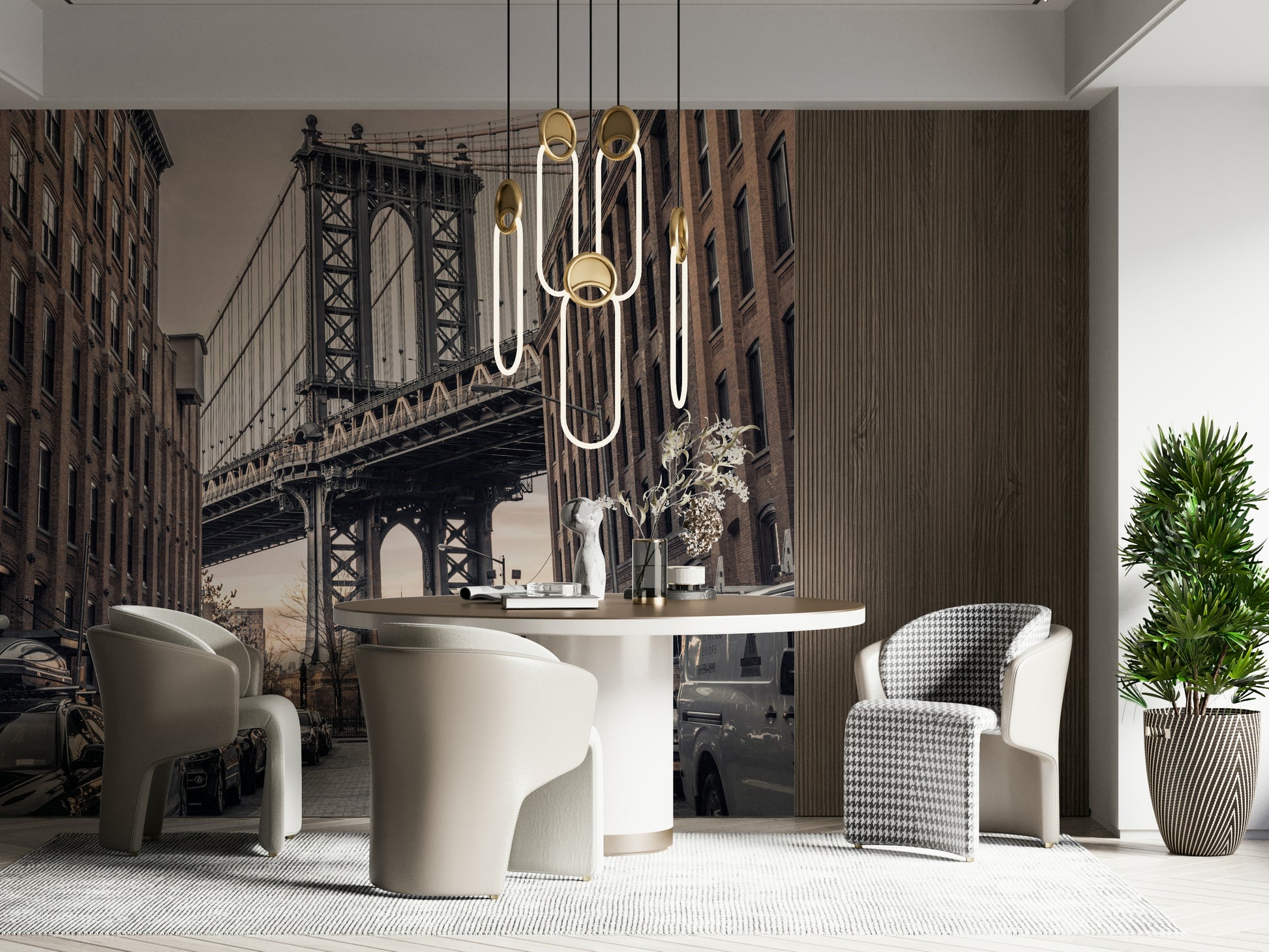 Industrial buildings flanking Bridge from Dumbo, textured brick wallpaper walls.