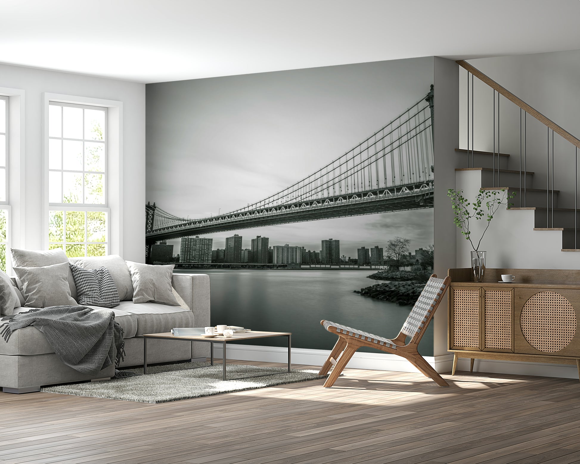 Monochrome Bridge wallpaper Massive cables, distant city towers.