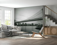 Monochrome Bridge wallpaper Massive cables, distant city towers.