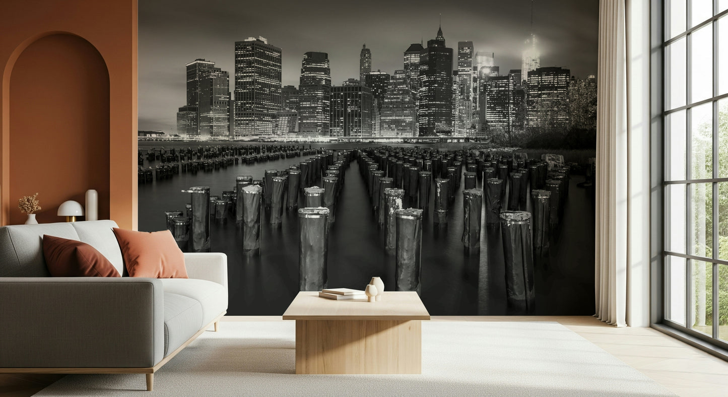 Grayscale New York City wall mural, striking dock pilings perspective.