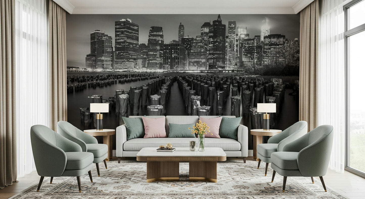 Dock pilings leading towards Manhattan wall mural, reflective moody image.
