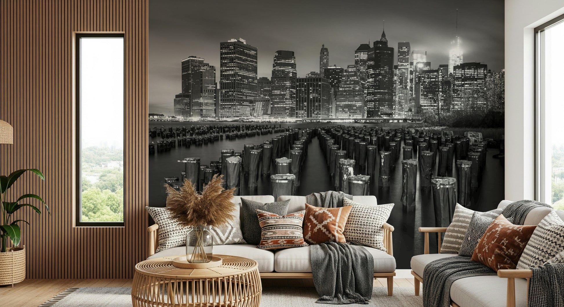 NYC Noir Waterfront Silhouette wallpaper, dramatic black and white skyline.