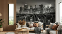 NYC Noir Waterfront Silhouette wallpaper, dramatic black and white skyline.