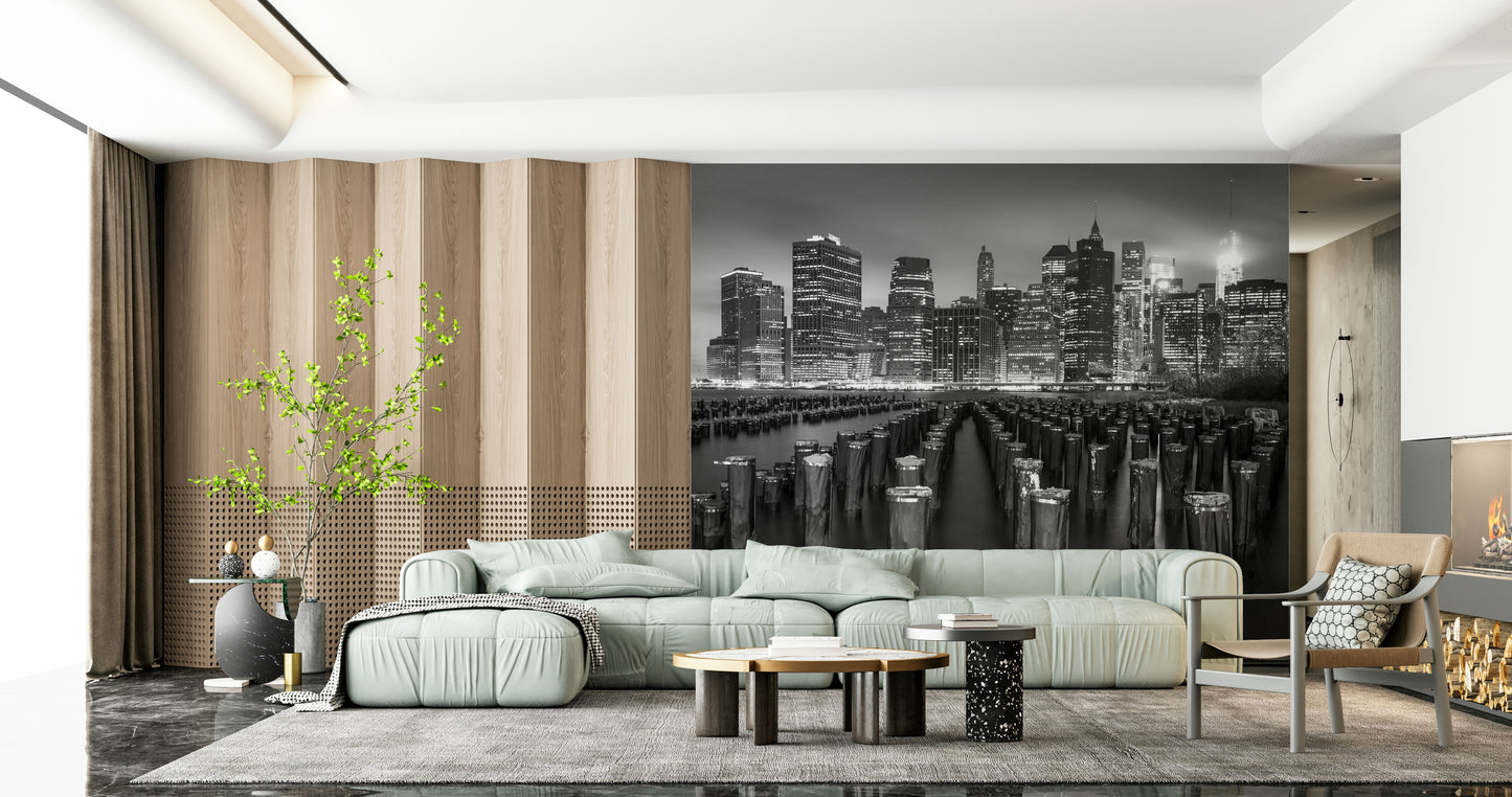 Abstract Noir pier logs wallpaper, intense urban waterfront cityscape.