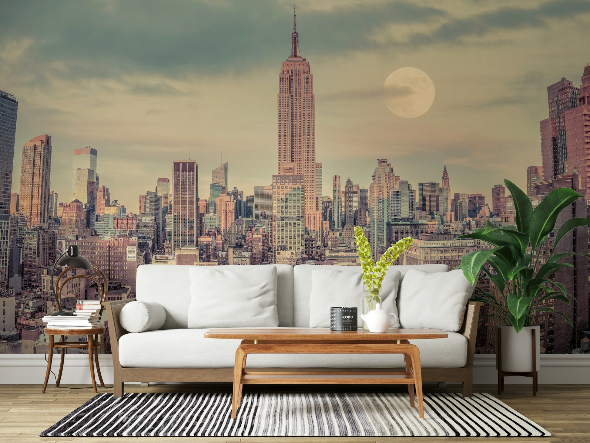 Iconic Manhattan Skyline wall mural, sepia tones over dense cityscape.
