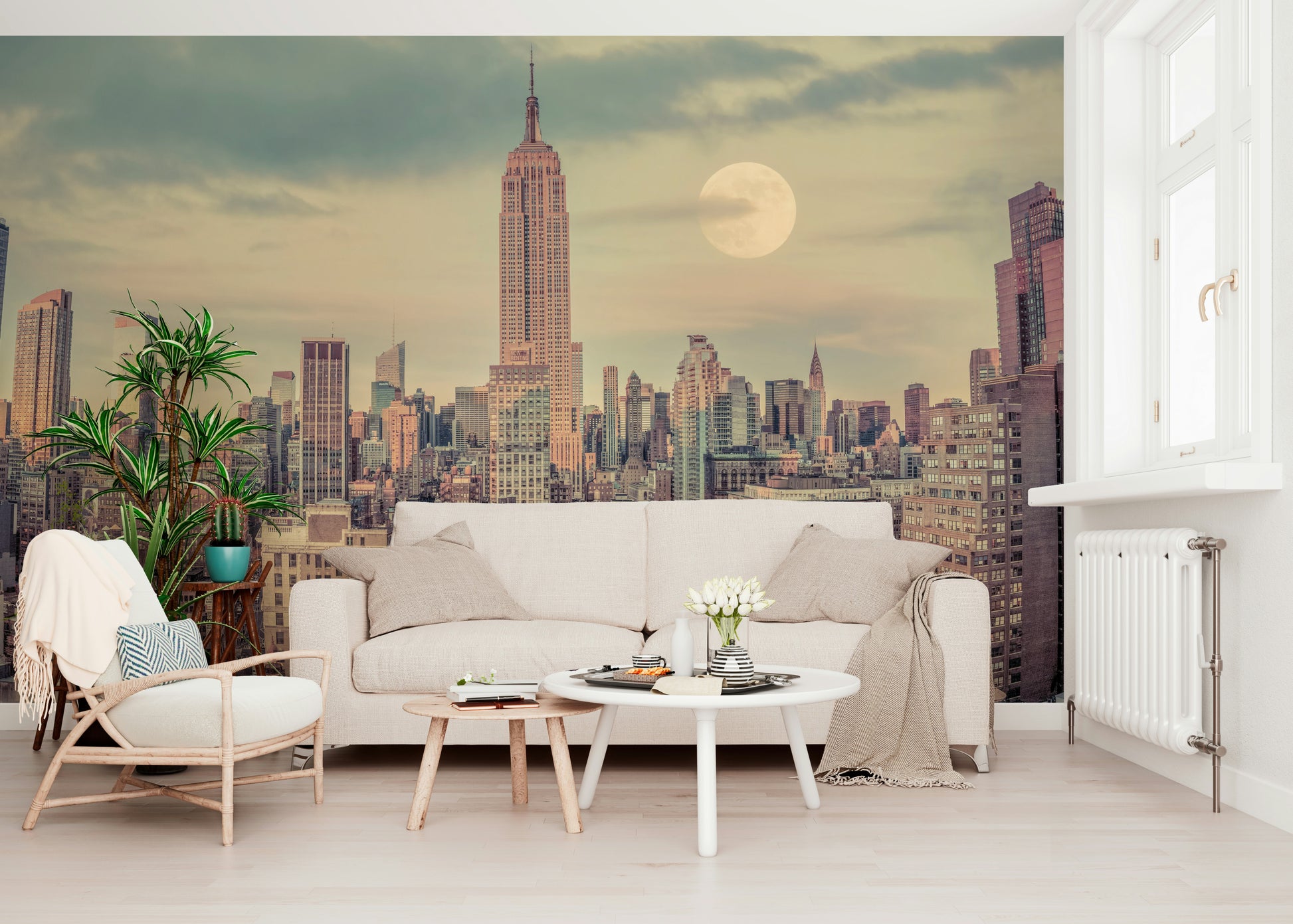 Manhattan Skyline wallcovering, majestic urban panorama soft colors.