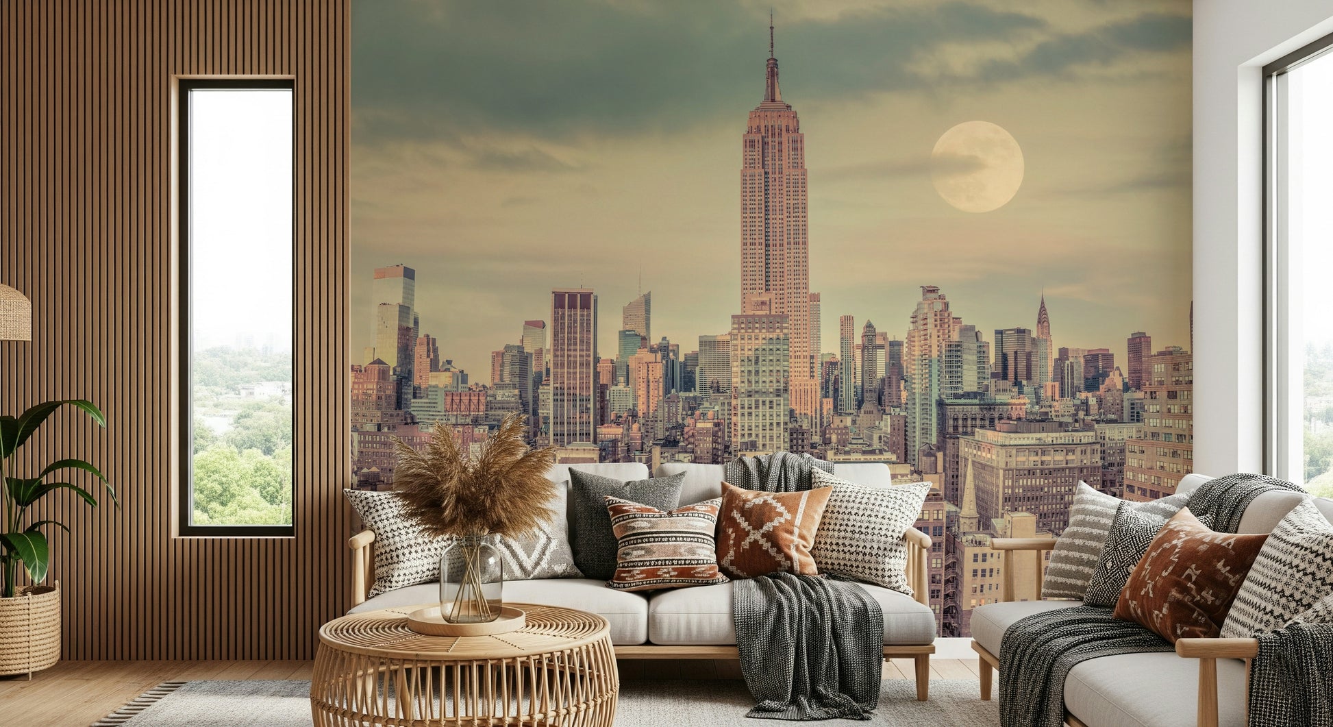 Retro Manhattan Skyline mural, perfect backdrop for modern design.