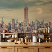 Cityscape Manhattan Skyline accent wallpaper, dramatic mood atmosphere.